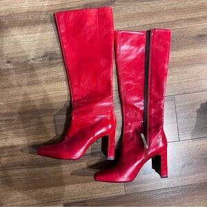 Zara Knee High Faux Leather Red Boots